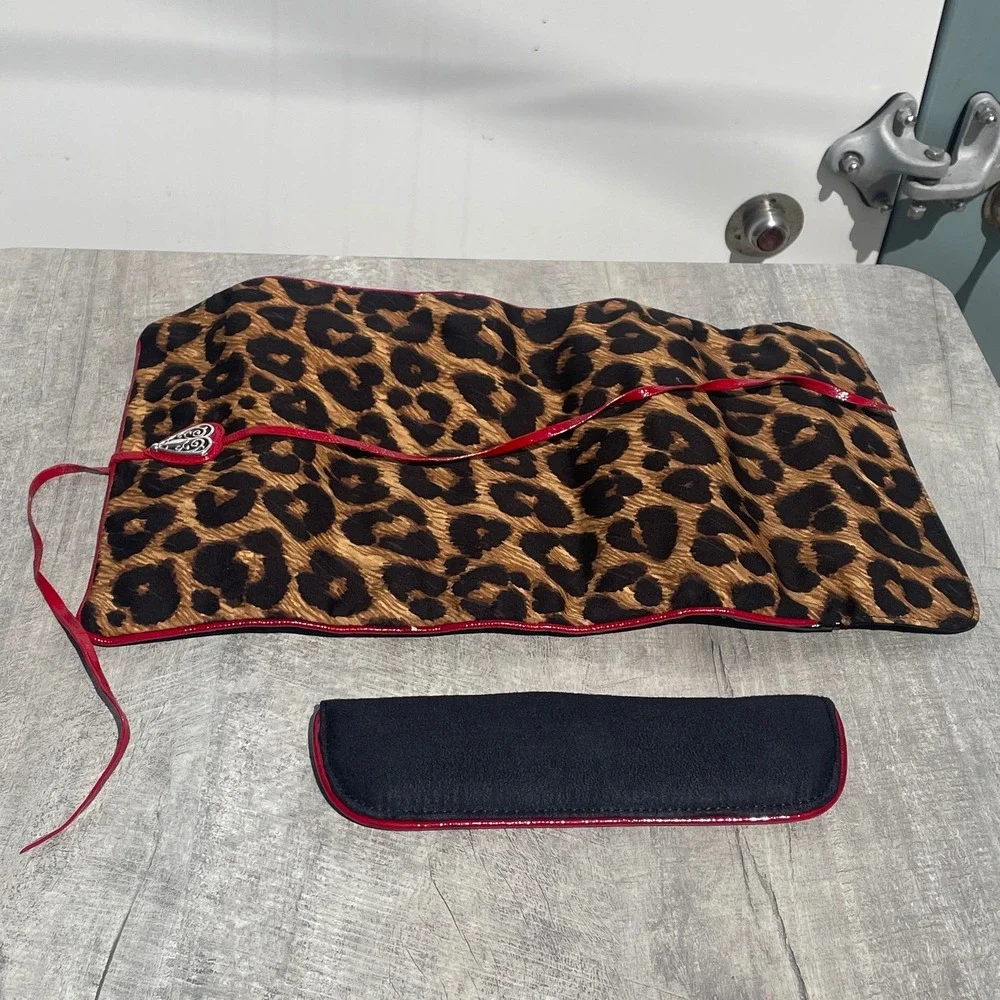 Brighton Leopard Print Jewelry Roll Organizer Red Patent Trim Heart Charm